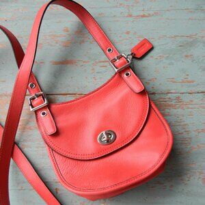 COACH LEGACY CORAL RED LEATHER MINI SADDLE CROSSBODY BAG TURNLOCK
